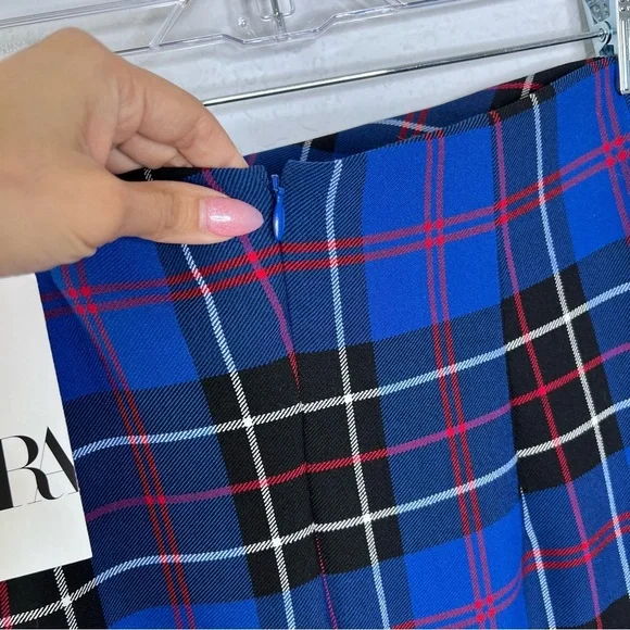 Zara Skirt Midi Women Medium Tartan Plaid Check Side Slit Ruched Blue Pencil Q - Picture 6 of 11